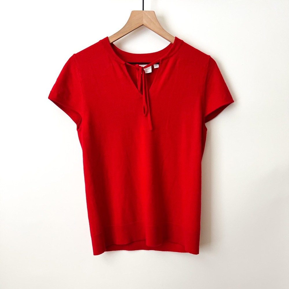 Anthropologie Ett;Twa Solid Red Merino Wool Short Sleeve Tie V-Neck Top Large
